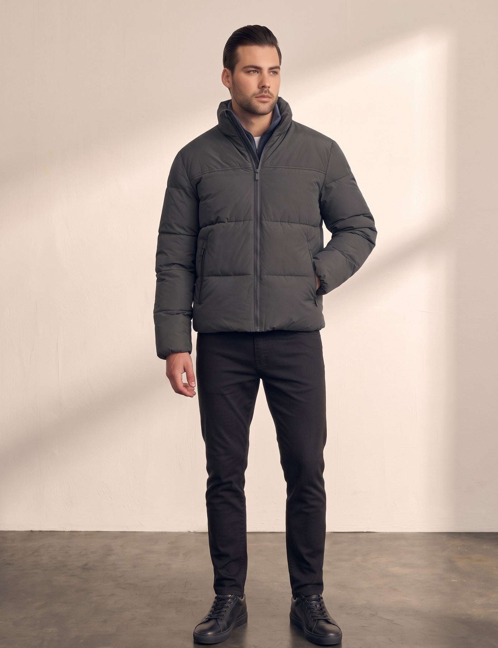 Padded Jacket in Dark Grey, front view, full length