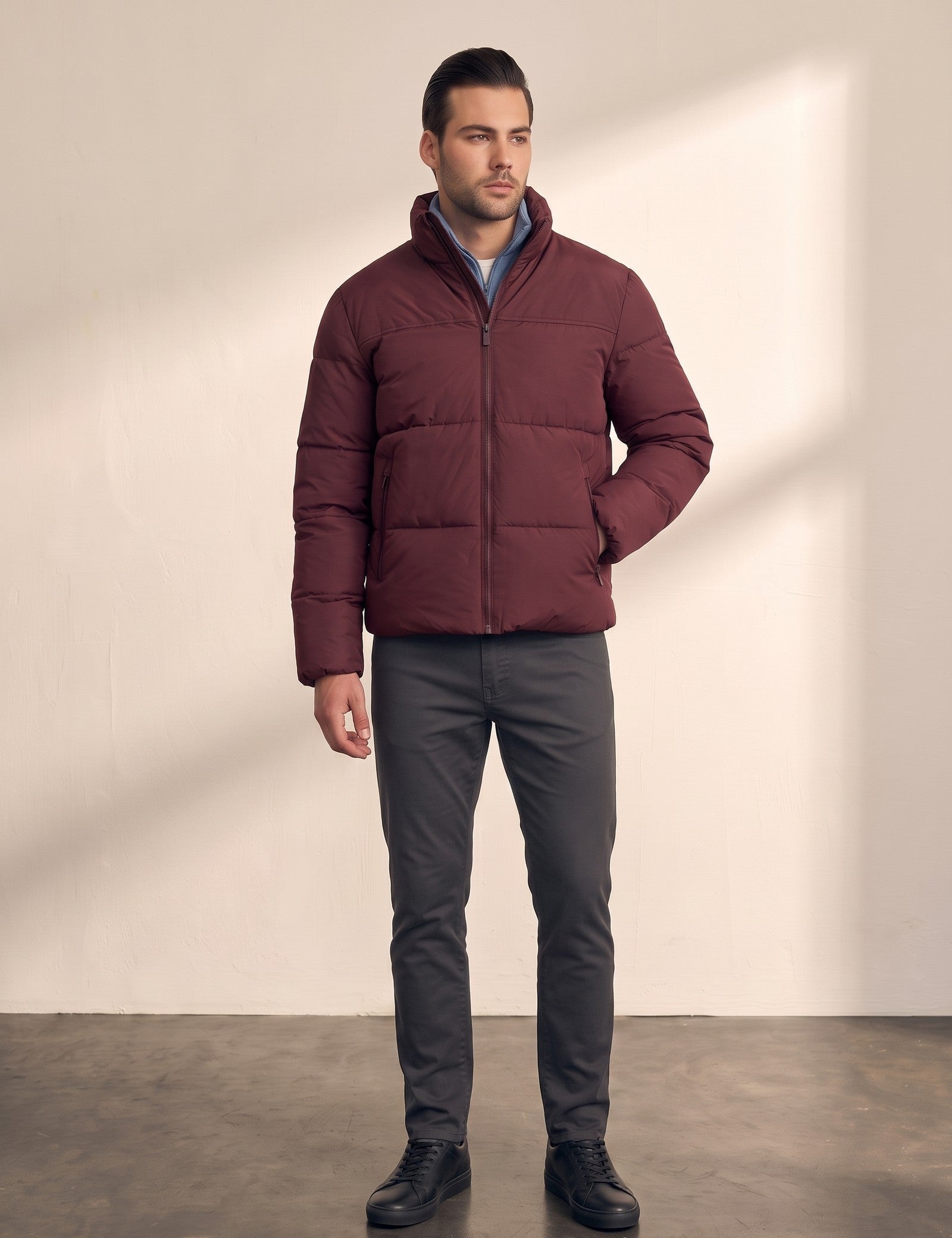 Padded Jacket in Burgundy, front view, full length