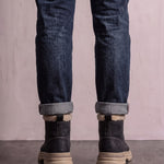 Men's Black Fleece-Lined Lace-Up Boots, back view of the heels, worn.