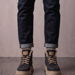 Men's Black Fleece-Lined Lace-Up Boots, front view of the shoes, worn.