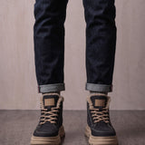 Men's Black Fleece-Lined Lace-Up Boots, front view of the shoes, worn.