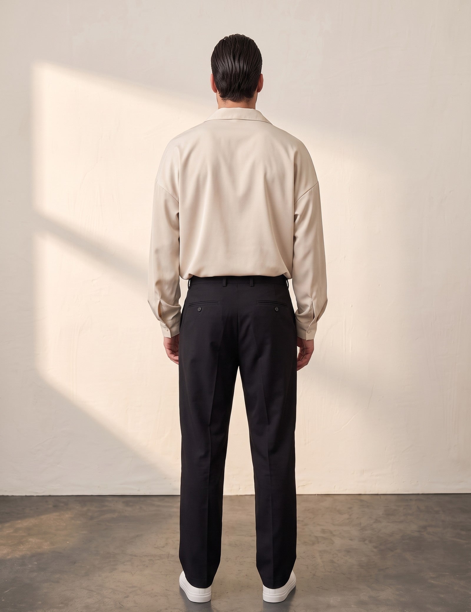 Men's Black Relaxed Fit Cuban Collar Shirt, back view, full length.