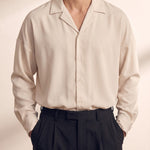 Men's Black Relaxed Fit Cuban Collar Shirt, close-up of the upper body.