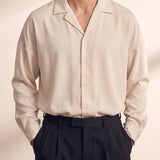 Men's Black Relaxed Fit Cuban Collar Shirt, close-up of the upper body.