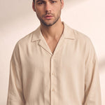 Men's Black Relaxed Fit Cuban Collar Shirt, close-up of the upper body.