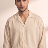 Men's Black Relaxed Fit Cuban Collar Shirt, close-up of the upper body.