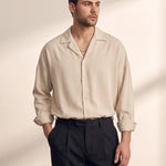 Men's Black Relaxed Fit Cuban Collar Shirt, front view, full length.