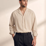 Men's Black Relaxed Fit Cuban Collar Shirt, front view, full length.