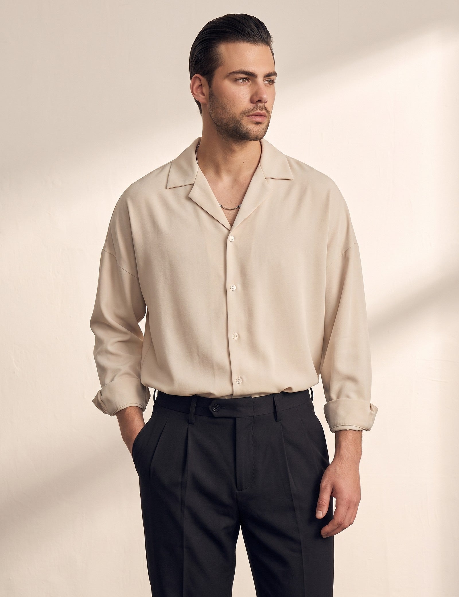 Men's Black Relaxed Fit Cuban Collar Shirt, front view, full length.