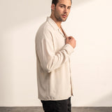 Men's Black Relaxed Fit Cuban Collar Shirt, side view, full length.