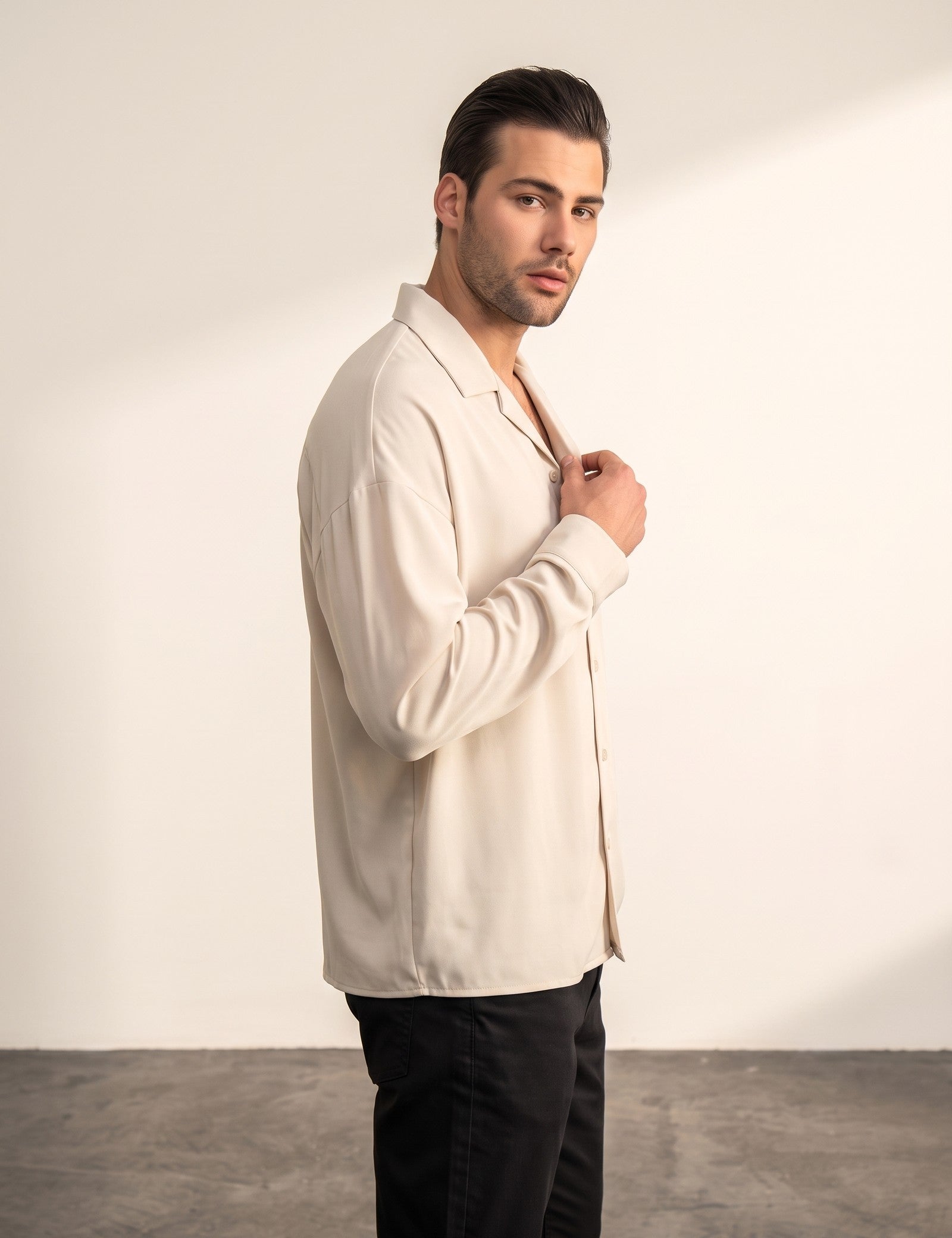 Men's Black Relaxed Fit Cuban Collar Shirt, side view, full length.