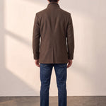 Men's Brown Stand Collar Coat with Quilted Zip Insert, back view, full length.