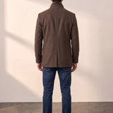Men's Brown Stand Collar Coat with Quilted Zip Insert, back view, full length.