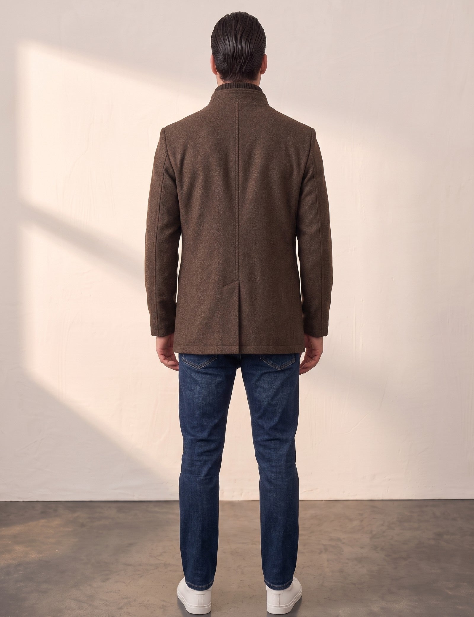Men's Brown Stand Collar Coat with Quilted Zip Insert, back view, full length.