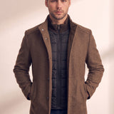 Men's Brown Stand Collar Coat with Quilted Zip Insert, close-up of the upper body.