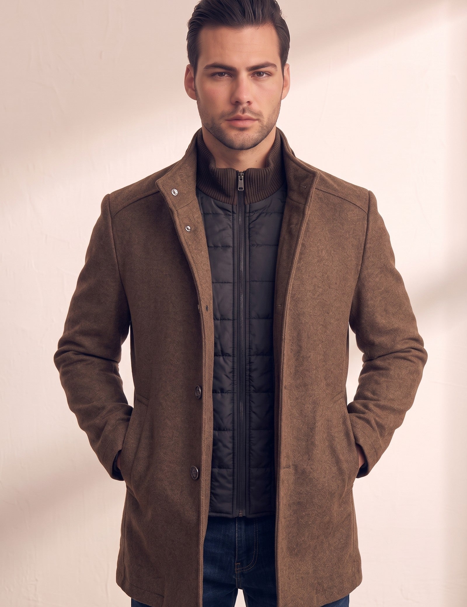 Men's Brown Stand Collar Coat with Quilted Zip Insert, close-up of the upper body.
