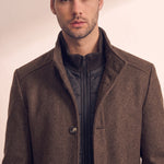 Men's Brown Stand Collar Coat with Quilted Zip Insert, close-up of the upper body.