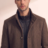 Men's Brown Stand Collar Coat with Quilted Zip Insert, close-up of the upper body.