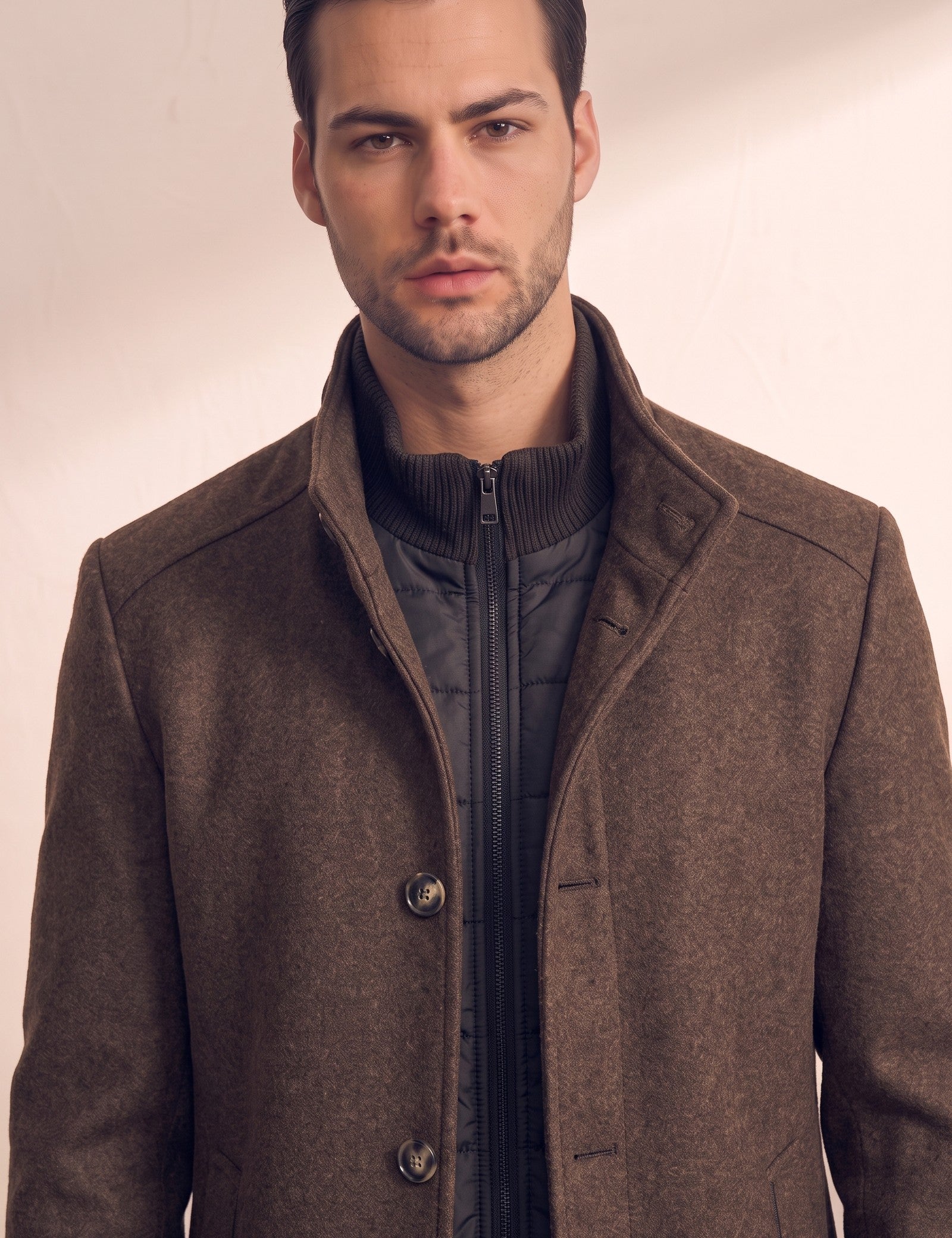 Men's Brown Stand Collar Coat with Quilted Zip Insert, close-up of the upper body.