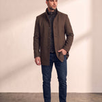 Men's Brown Stand Collar Coat with Quilted Zip Insert, front view, full length.
