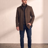Men's Brown Stand Collar Coat with Quilted Zip Insert, front view, full length.