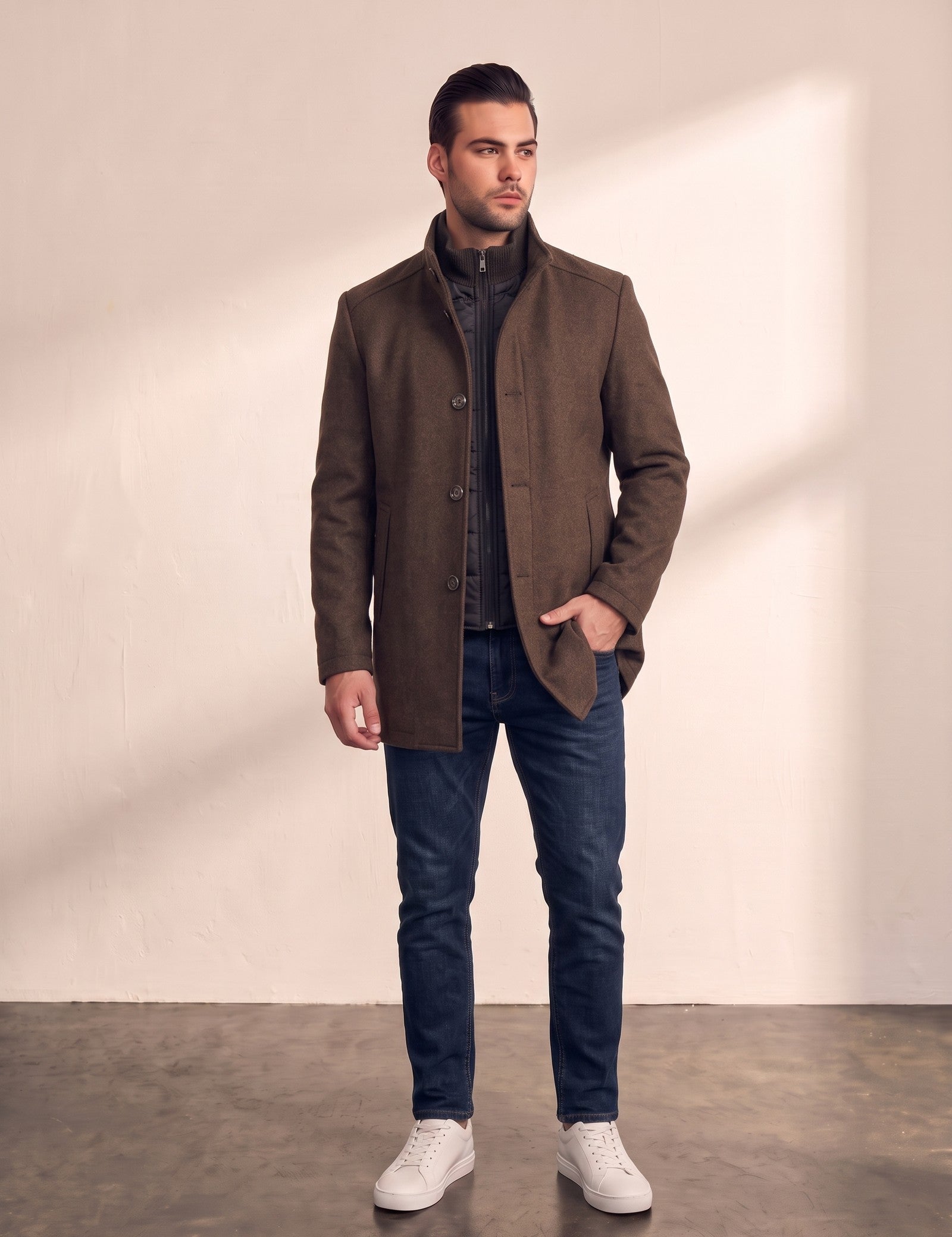 Men's Brown Stand Collar Coat with Quilted Zip Insert, front view, full length.