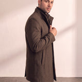 Men's Brown Stand Collar Coat with Quilted Zip Insert, side view, full length.