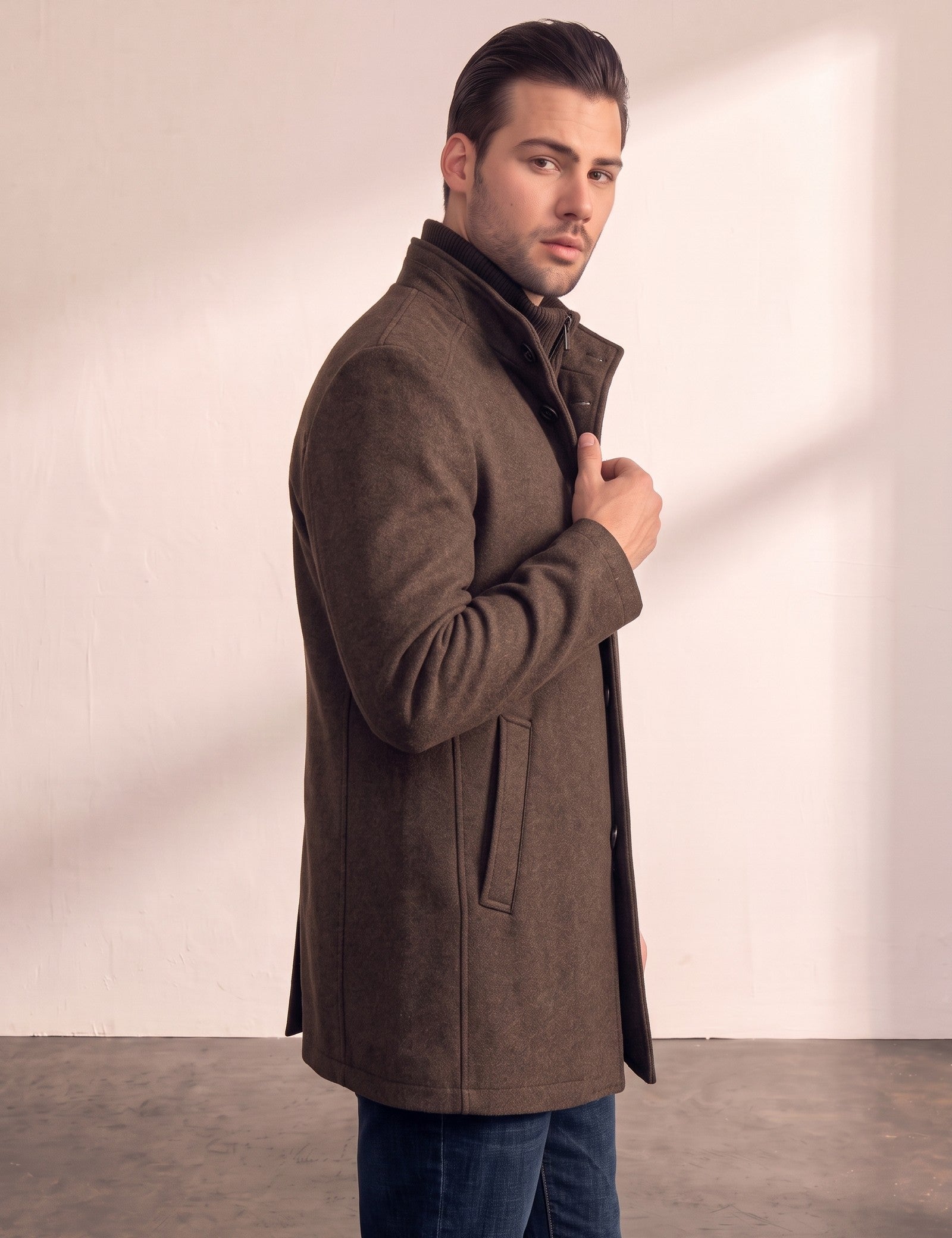 Men's Brown Stand Collar Coat with Quilted Zip Insert, side view, full length.