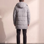 Men's Grey Long Quilted Parka with Drawstring Hood, back view, full length.