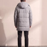 Men's Grey Long Quilted Parka with Drawstring Hood, back view, full length.