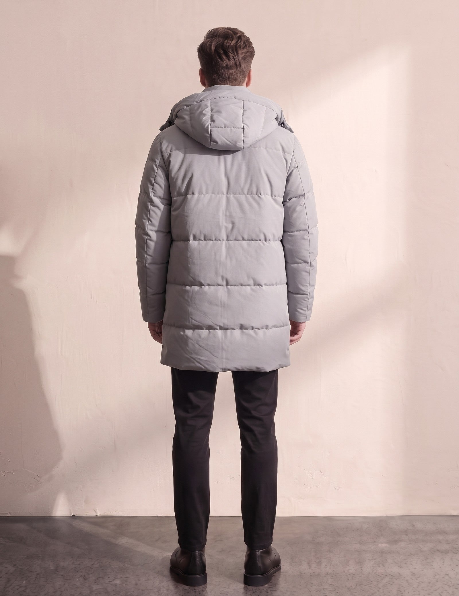 Men's Grey Long Quilted Parka with Drawstring Hood, back view, full length.