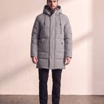 Men's Grey Long Quilted Parka with Drawstring Hood, front view, full length.
