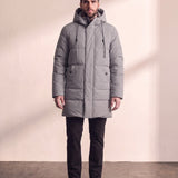 Men's Grey Long Quilted Parka with Drawstring Hood, front view, full length.