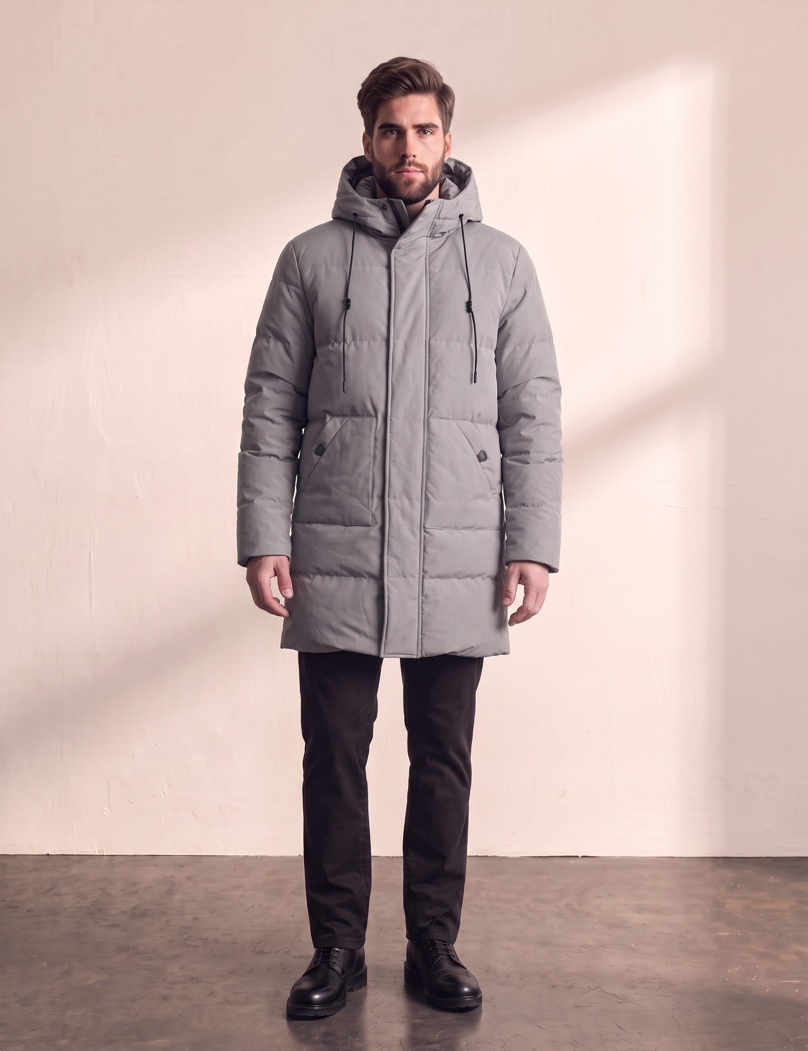 Men's Grey Long Quilted Parka with Drawstring Hood, front view, full length.