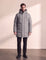 Men's Grey Long Quilted Parka with Drawstring Hood, front view, full length.