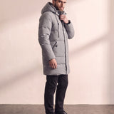 Men's Grey Long Quilted Parka with Drawstring Hood, side view, full length.