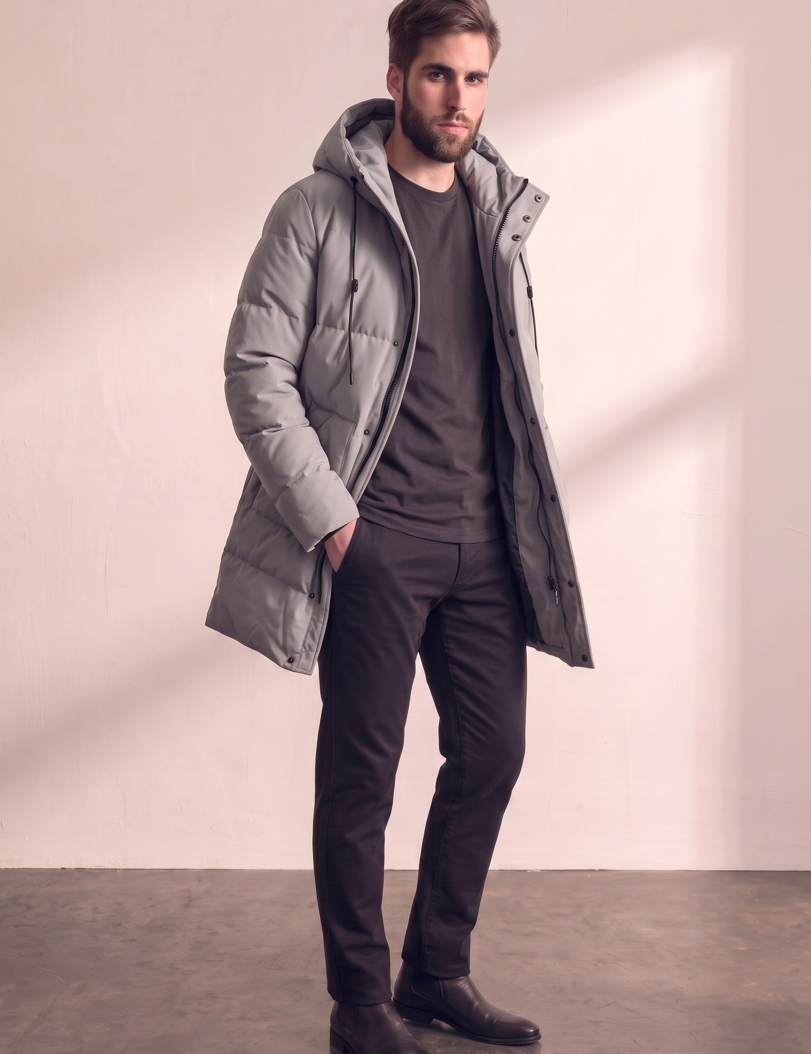 Men's Grey Long Quilted Parka with Drawstring Hood, three-quarter view from the left, full length.