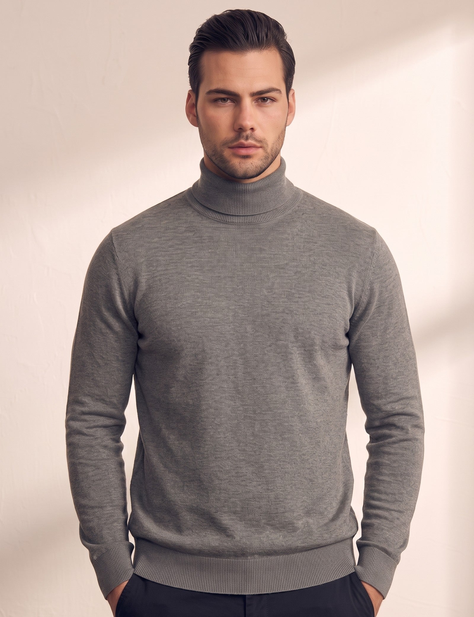 Men's Grey Slim Fit Cotton Blend Turtleneck Jumper, close-up of the upper body.