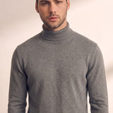 Men's Grey Slim Fit Cotton Blend Turtleneck Jumper, close-up of the upper body.