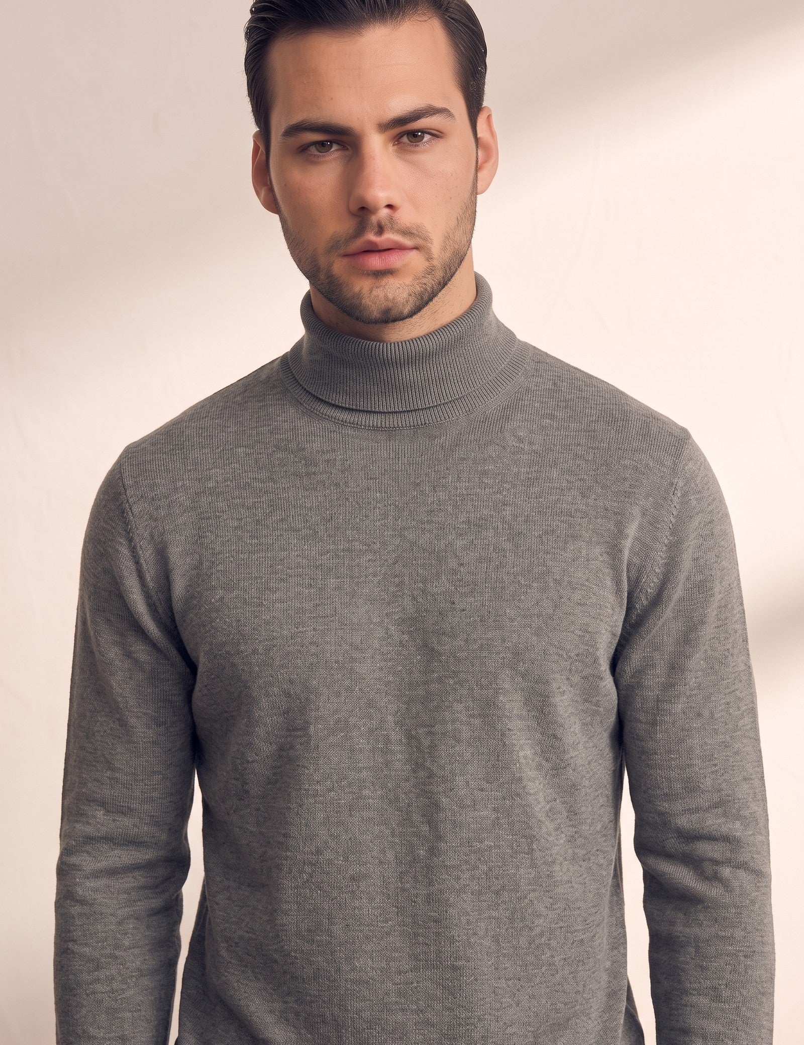 Men's Grey Slim Fit Cotton Blend Turtleneck Jumper, close-up of the upper body.