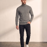 Men's Grey Slim Fit Cotton Blend Turtleneck Jumper, front view, full length.