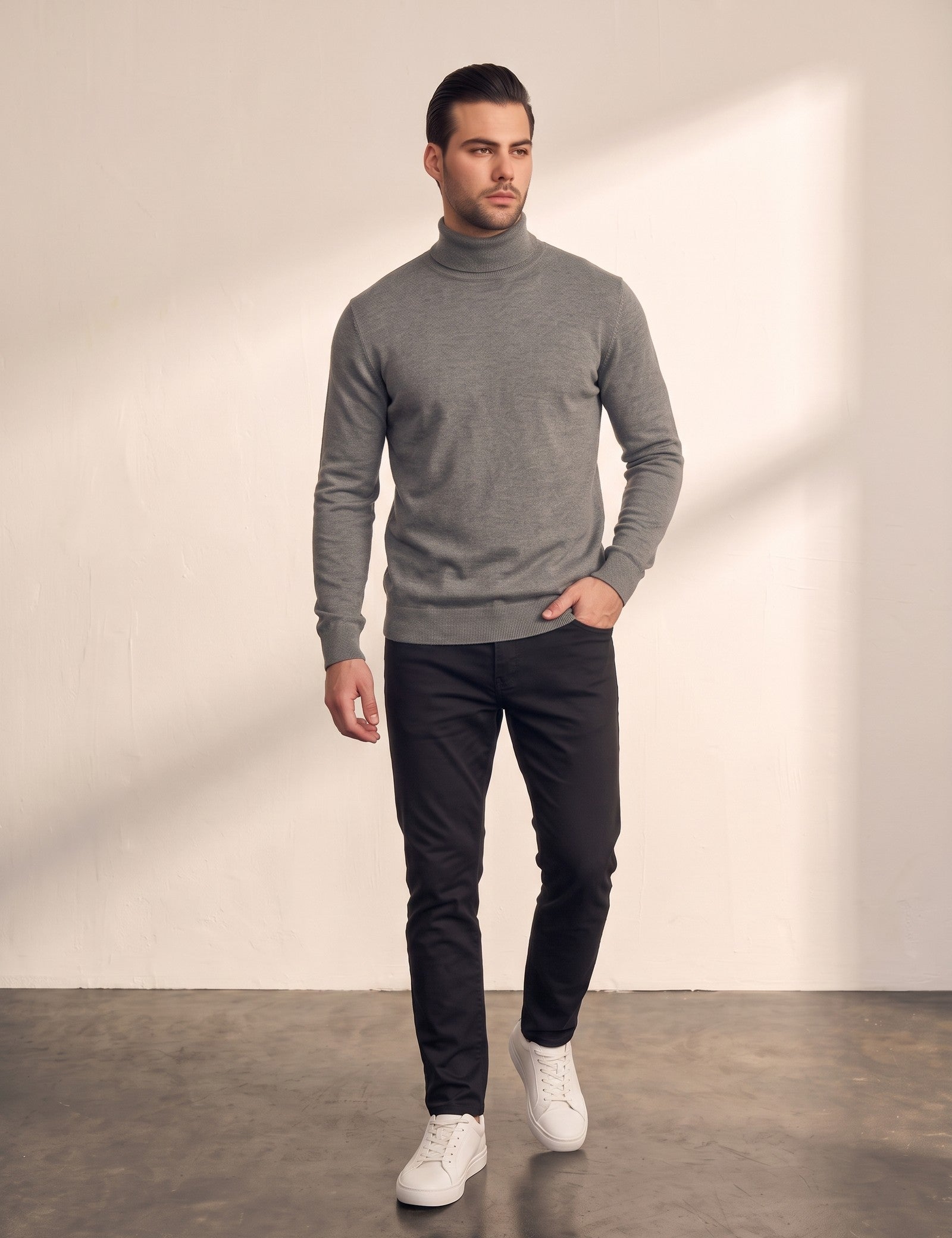 Men's Grey Slim Fit Cotton Blend Turtleneck Jumper, front view, full length.