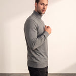 Men's Grey Slim Fit Cotton Blend Turtleneck Jumper, side view, full length.