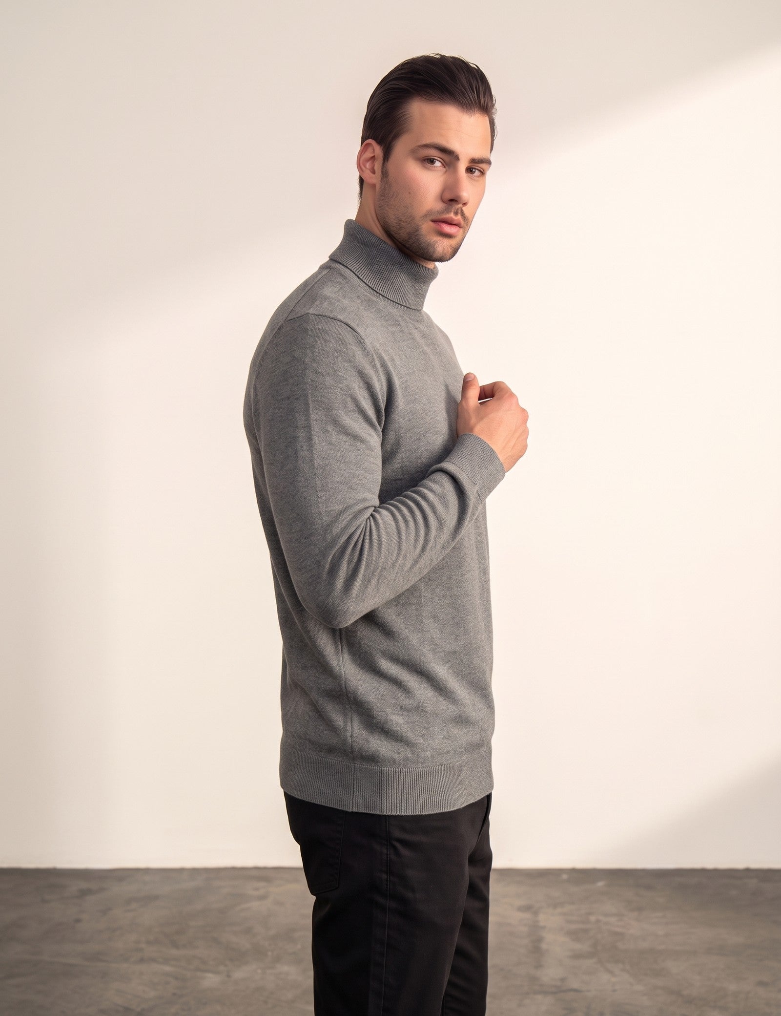 Men's Grey Slim Fit Cotton Blend Turtleneck Jumper, side view, full length.
