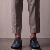 Men's Navy Smart Lace-Up Shoes with Checked Panel, front view of the shoes, worn.