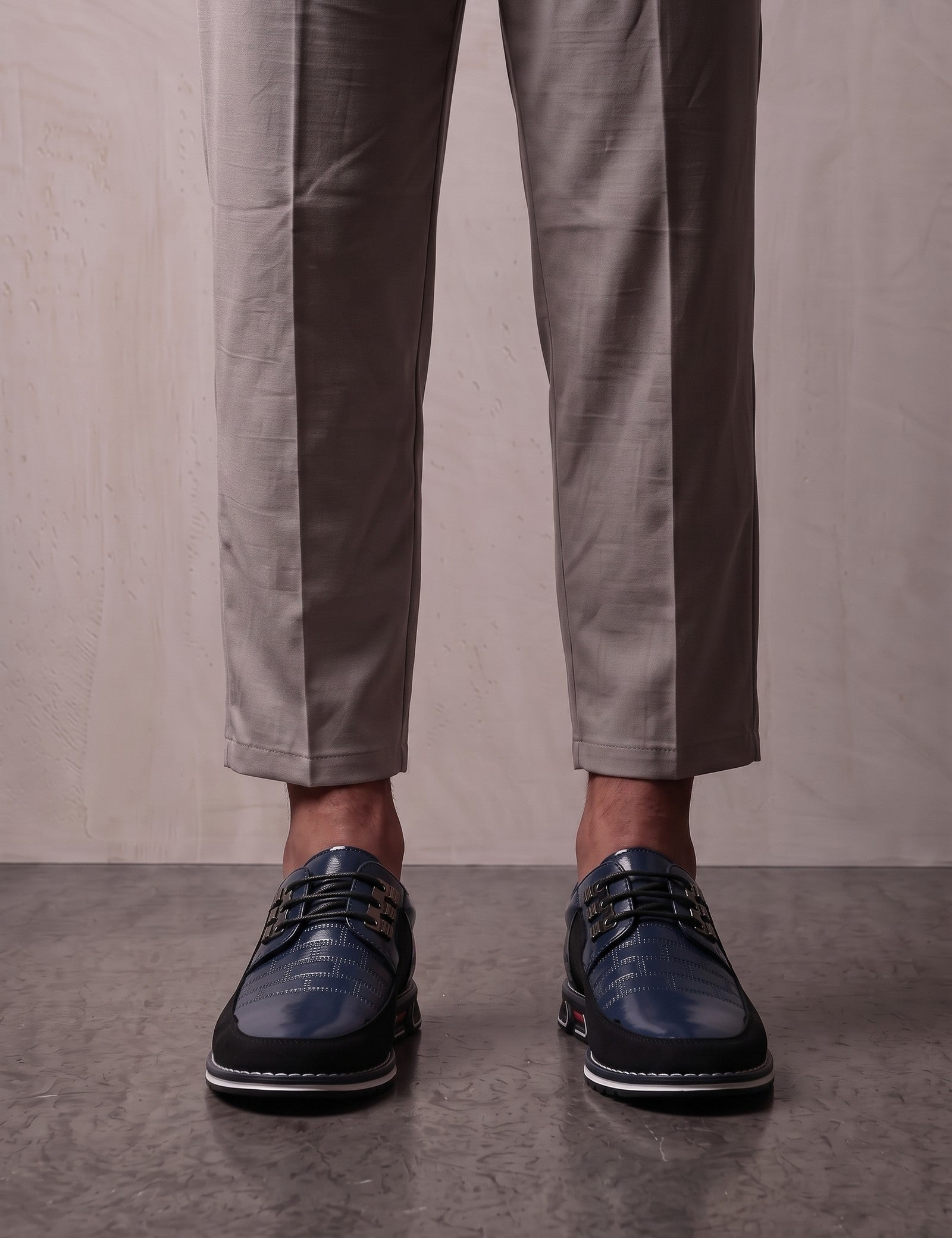 Men's Navy Smart Lace-Up Shoes with Checked Panel, front view of the shoes, worn.