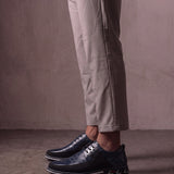 Men's Navy Smart Lace-Up Shoes with Checked Panel, side view of the shoe, worn.
