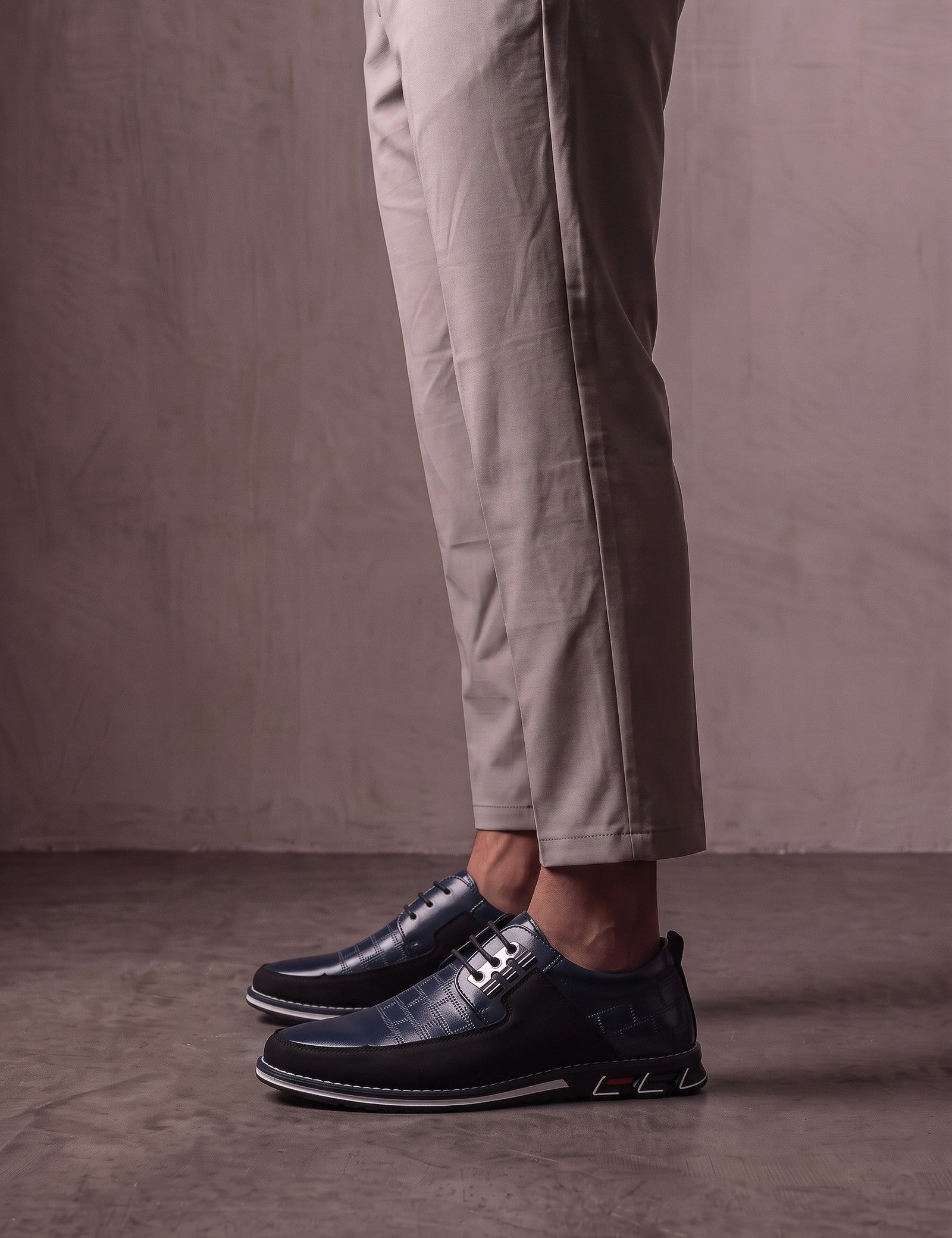 Men's Navy Smart Lace-Up Shoes with Checked Panel, side view of the shoe, worn.