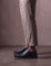 Men's Navy Smart Lace-Up Shoes with Checked Panel, side view of the shoe, worn.