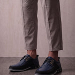 Men's Navy Smart Lace-Up Shoes with Checked Panel, three-quarter front view of the shoes, worn.